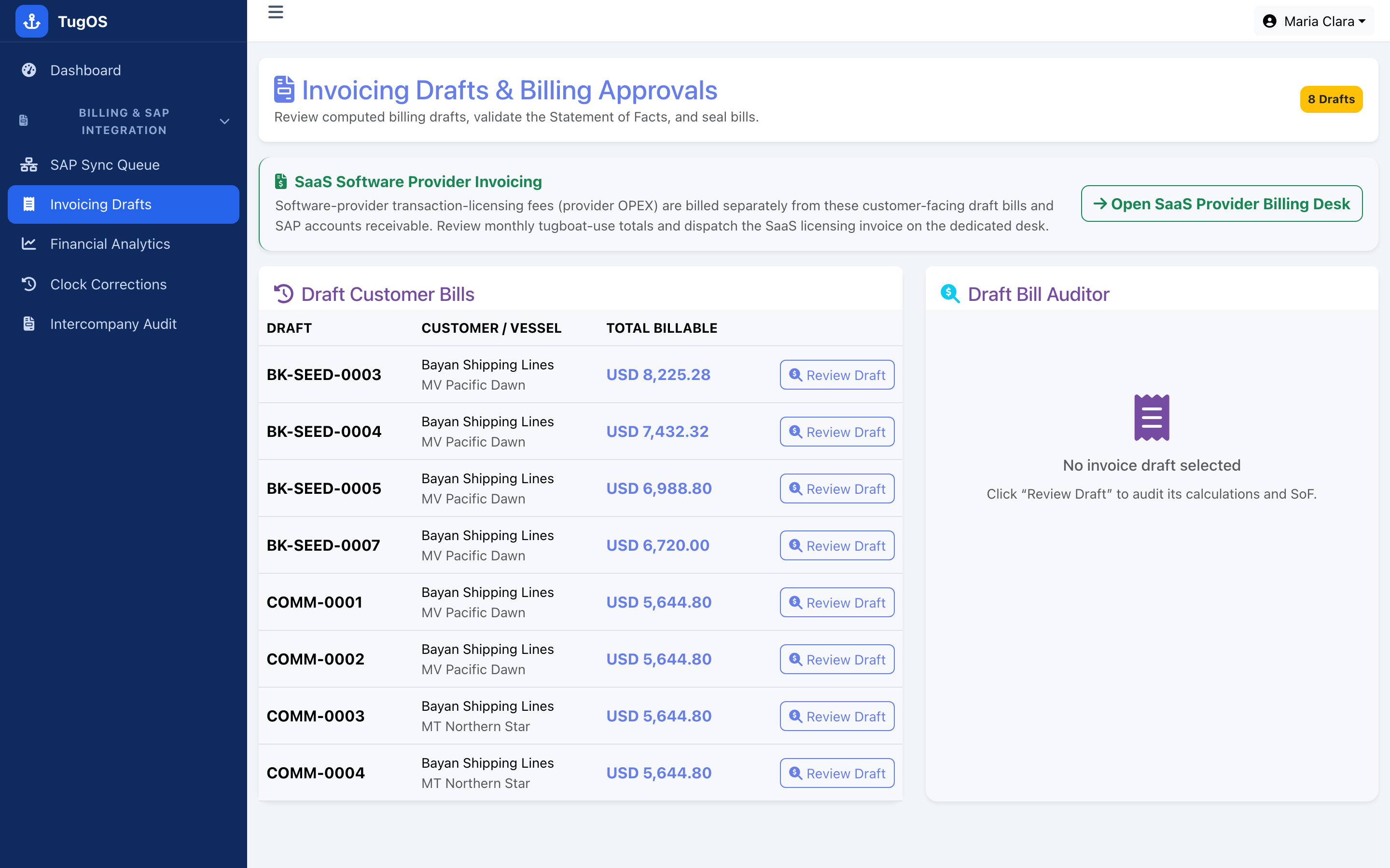TugOS invoicing draft billing approver with Statement-of-Facts breakdown