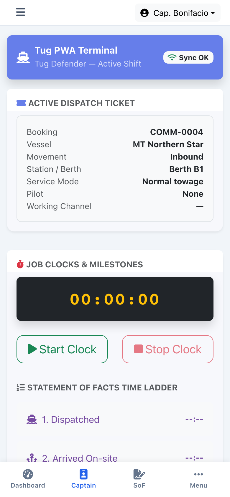 TugOS captain mobile PWA with dispatch ticket and execution clock