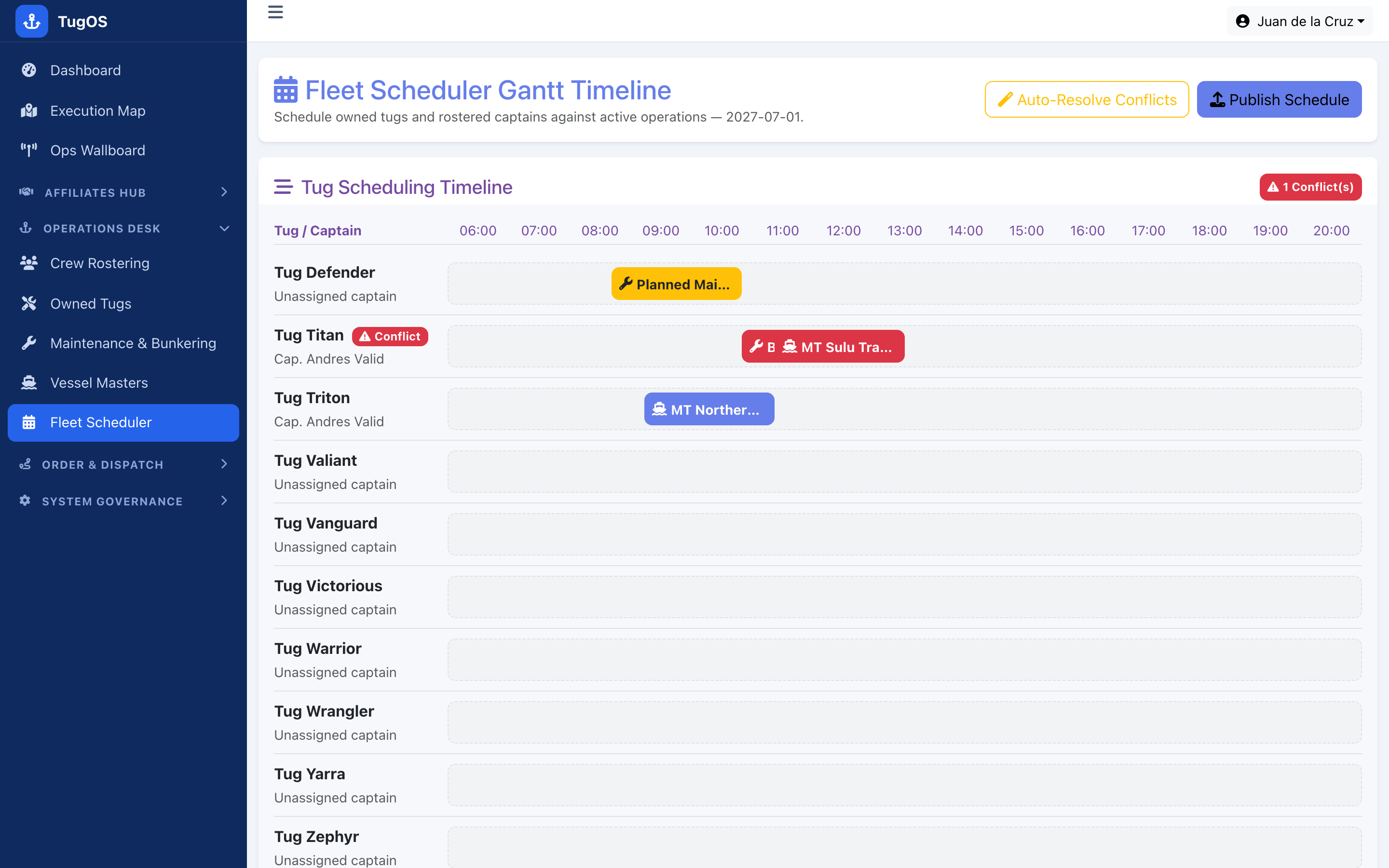 TugOS fleet scheduler Gantt board with tug and captain assignments and conflict highlights
