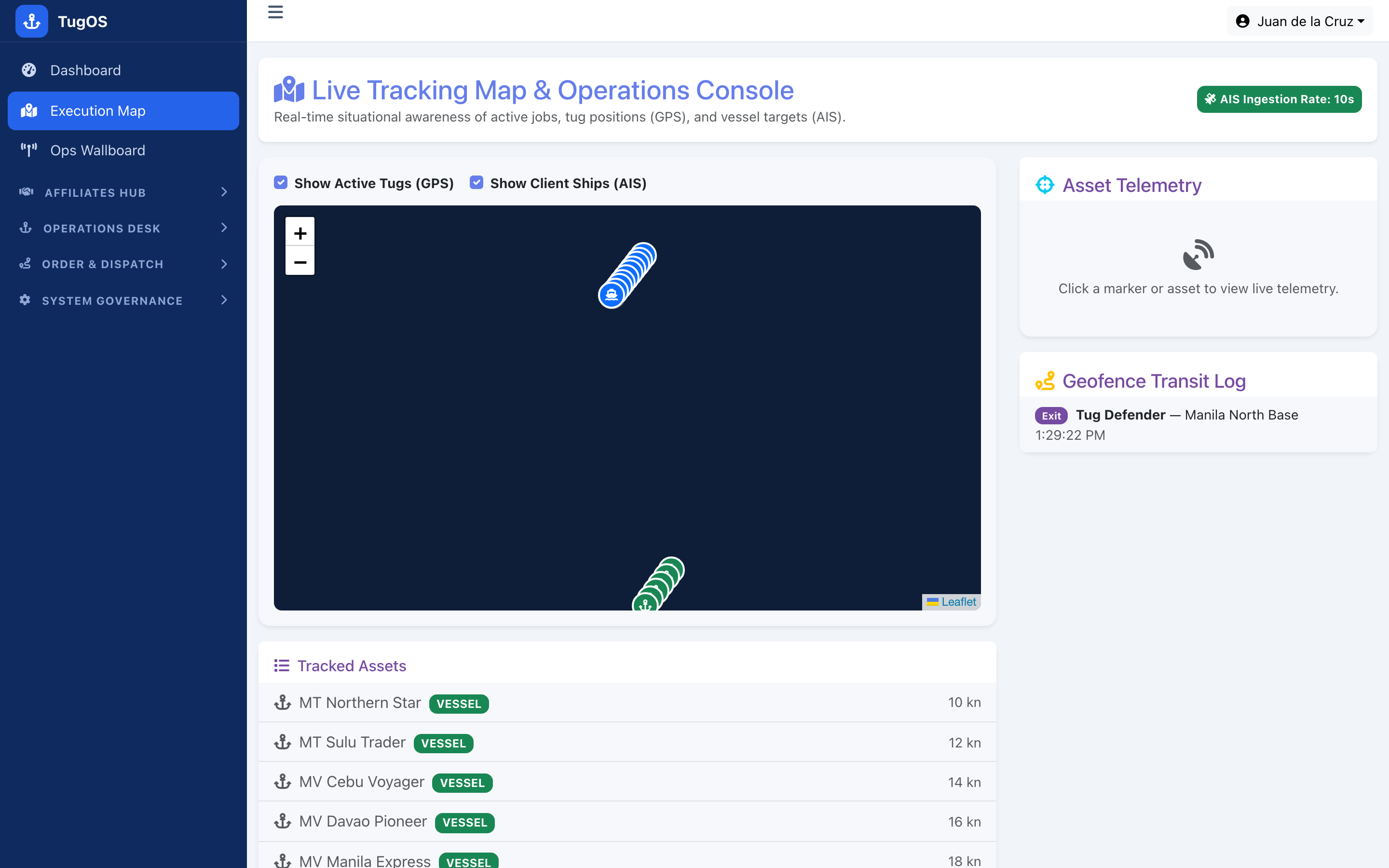 TugOS live tracking map and operations console with GPS and AIS assets